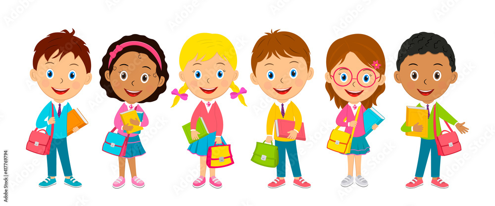 cute cartoon kids stand with books and bags cute cartoon kids stand with books and bags