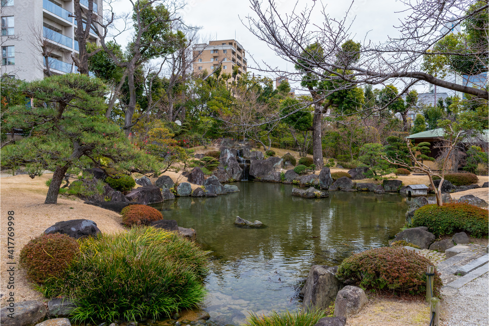 Traditional Japanese garden in Shitennoji temple in Osaka, Japan Traditional Japanese garden in Shitennoji temple in Osaka, Japan