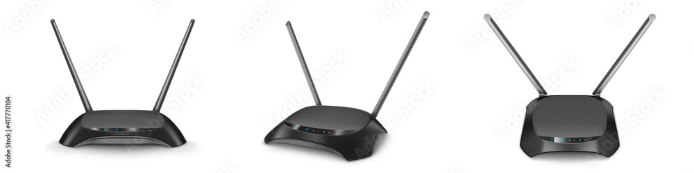 Fototapeta premium Wifi router front, top, angle and side view mockup, black home device with two antennas, glow blue indicators for wireless internet connection. Modern technology, Realistic 3d vector isolated mock up