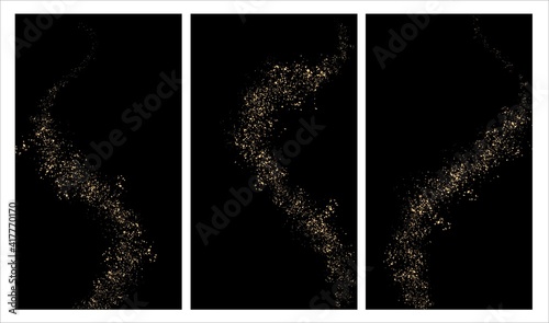 A set of vertical backgrounds, three pieces. On a black background, small splashes, like the night starry sky or like a scattering of gold powder. For the design of stories in Instagram or as a