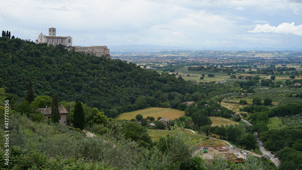 Assisi historic old town with cathedral on the hill, place of worship and birthplace of St. Francis, Assisi, Umbria, Italy