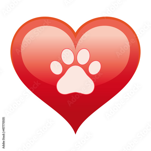 Illustration of a dog's paw in a red heart a white background