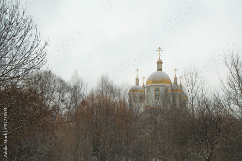 White church with golden domes on the right with bare trees landscape