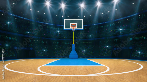 Basketball sport arena. Interior view to wooden floor of basketball court. Basketball hoop front view. Digital 3D illustration of sport background. © LeArchitecto