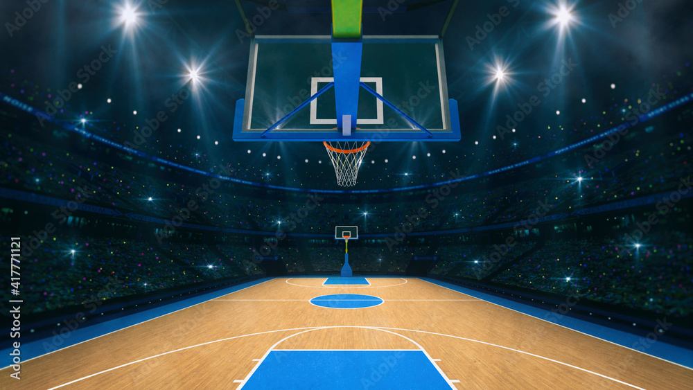 Basketball sport arena. Interior view to wooden floor of basketball court. Basketball  hoop from backside. Digital 3D illustration of sport background. Stock  Illustration | Adobe Stock