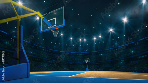 Basketball sport arena. Interior view to wooden floor of basketball court. Basketball hoop from behind. Digital 3D illustration of sport background.