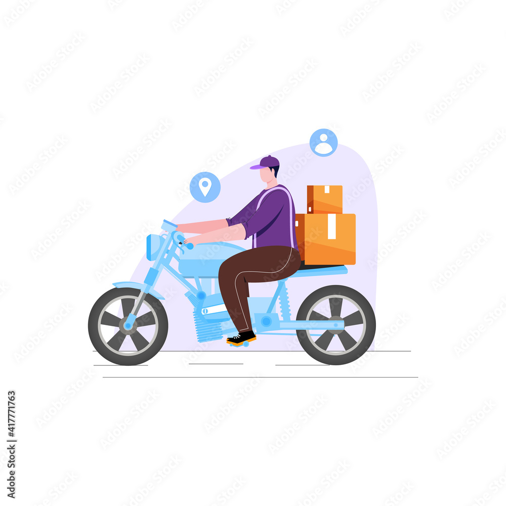 Express delivery service courier boy riding motor bike illustration. Character cartoon delivery boy illustration. Fast and free delivery. Vector cartoon illustration. Express delivery service courier boy riding motor bike illustration. Character cartoon delivery boy illustration. Fast and free delivery. Vector cartoon illustration.