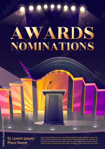 Award nominations cartoon poster, conference hall, stage for presentation, empty scene interior with tribune, microphone, glowing spotlights. Announcement of ceremony event Cartoon vector illustration