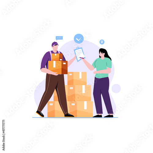 Delivery man parcel handover to customer illustration concept. The woman is signing to confirm delivery concept illustration