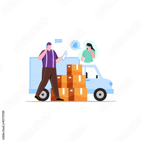 Delivery man holding a parcel and calling contact to customer concept illustration design. Courier boy illustration design 