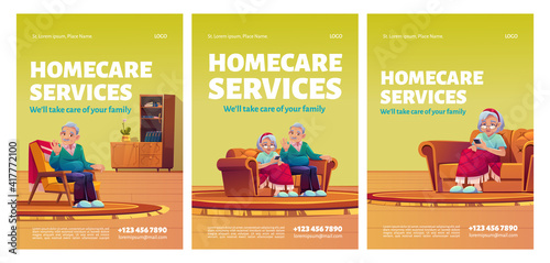 Homecare services posters. Social aid and care for old patients at home concept. Happy senior couple man and woman sitting in armchair or sofa in their house, Cartoon vector illustration, flyers set