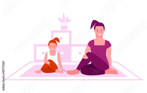 Mother and daughter do yoga at home. Home interior. The concept of family fitness classes and a healthy lifestyle. Vector illustration in flat cartoon style.