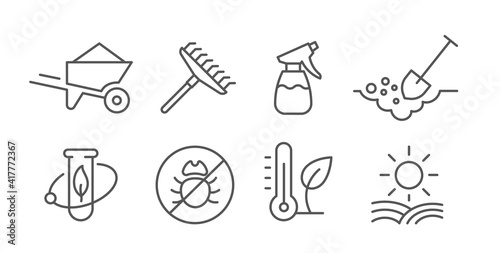 Agriculture and gardener. Growing plants. Set of icons. Sowing seeds. Vector contour line.