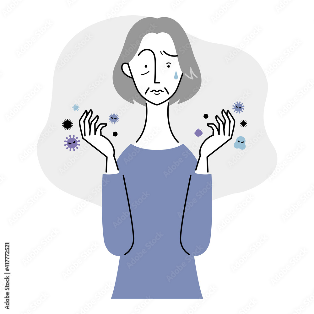 手に付いた菌・ウィルスを怖がる様子のシニア女性