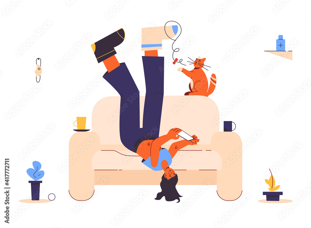 Lazy depressive woman wearing different mismatched colored socks. Lonelines. Lying upside down on the couch. Playing with smartphone and cat. Boring exhausting day in mess. Apathy concept. Isolated. Lazy depressive woman wearing different mismatched colored socks. Lonelines. Lying upside down on the couch. Playing with smartphone and cat. Boring exhausting day in mess. Apathy concept. Isolated.