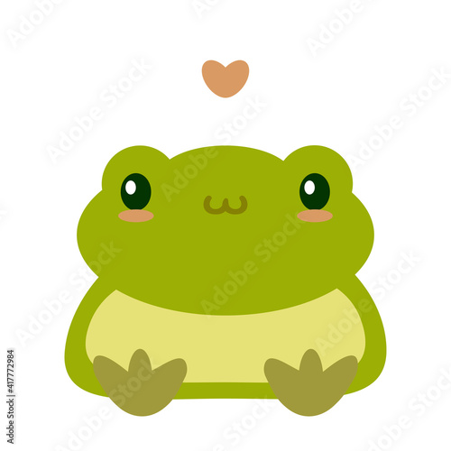 Green cute frog hand draw vector illustration. Smiling siting childish toad. Cartoon flat style.