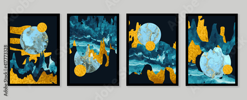Luxury gold wallpaper.  Black and golden background. Mountain wall art design with dark blue and green color, shiny golden light texture. Modern art mural wallpaper. Vector illustration.