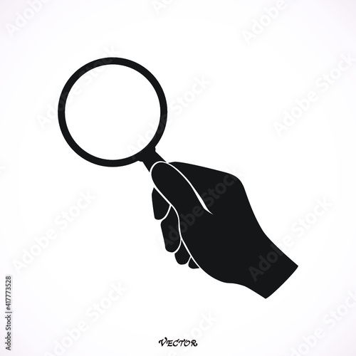 search, verify on white background, hand holding magnifier glass, flat style.