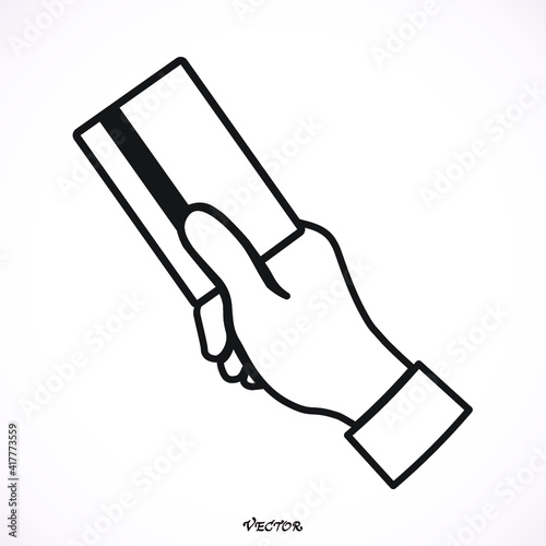 Female hand with a blank card isolated on white background.