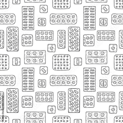 Seamless pattern with cute hand drawn pills in blisters icons. Vector medical collection