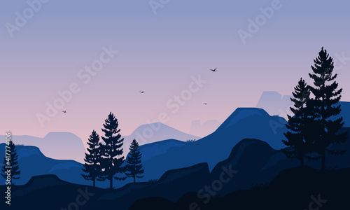 Sunny morning with nice views of the mountains and trees. Vector illustration © City