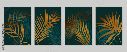 Luxury gold wallpaper.  Black and golden background. Tropical leaves wall art design with dark blue and green color, shiny golden light texture. Modern art mural wallpaper. Vector illustration.