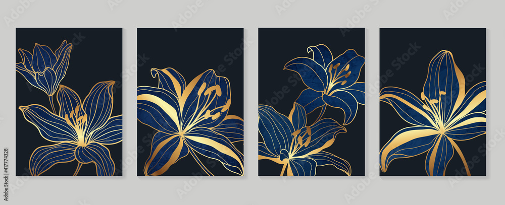 Luxury gold wallpaper.  Black and golden background. flower wall art design with dark blue and green color, shiny golden light texture. Modern art mural wallpaper. Vector illustration.