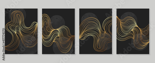 Luxury gold wallpaper.  Black and golden background. Grunge wall art design with golden line art and abstract shape. Modern art mural wallpaper. Vector illustration.
