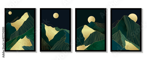 Luxury gold wallpaper.  Black and golden background. Mountain wall art design with dark blue and green color, shiny golden light texture. Modern art mural wallpaper. Vector illustration.