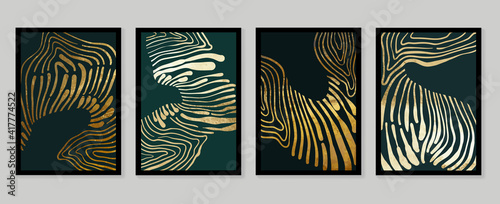 Luxury gold wallpaper.  Black and golden background. Grunge wall art design with golden line art and abstract shape. Modern art mural wallpaper. Vector illustration.