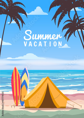 Tourist tent camping on the tropical beach, surfboards, palms. Summer vacation coastline beach sea, ocean, surfing, travel. Vector poster banner, illustration