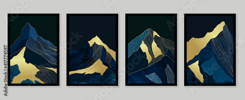 Luxury gold wallpaper.  Black and golden background. Mountain wall art design with dark blue and green color, shiny golden light texture. Modern art mural wallpaper. Vector illustration.
