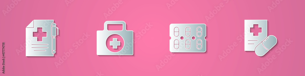 Set paper cut Medical prescription and pen, First aid kit, Pills in blister pack and icon. Paper art style. Vector. Set paper cut Medical prescription and pen, First aid kit, Pills in blister pack and icon. Paper art style. Vector.