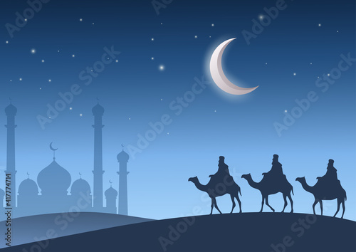 Camel riders in the sand desert. Caravan on the background of the night starry sky. Vector illustration