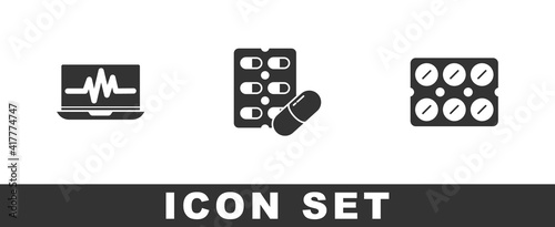 Set Laptop with cardiogram, Pills in blister pack and icon. Vector.