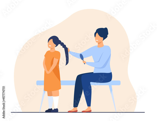 Happy mother making hairstyle to daughter. Hair, hairdo, comb flat vector illustration. Motherhood and childhood concept for banner, website design or landing web page