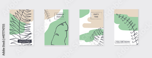 Collection of tropical universal trendy cards. Tropical leaves design. Hand drawing textures. Modern graphic design for banner, poster, greeting card, cover, invitation, brochure, flyer. Vector isolat