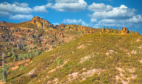 Aerial view of rock formations in Pinnacles National Park in California, ruined remains of an extinct volcano on the San Andreas Fault. Beautiful landscapes, cozy hiking trails for tourists and
