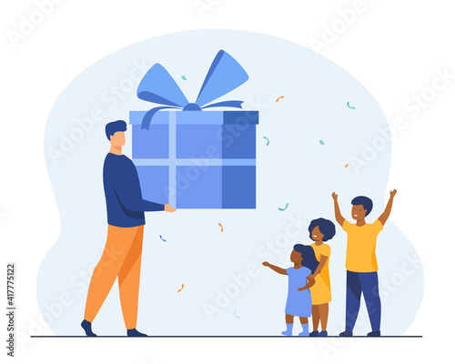 Man carrying huge gift box to children. Present, ribbon, party flat vector illustration. Holiday and celebration concept for banner, website design or landing web page