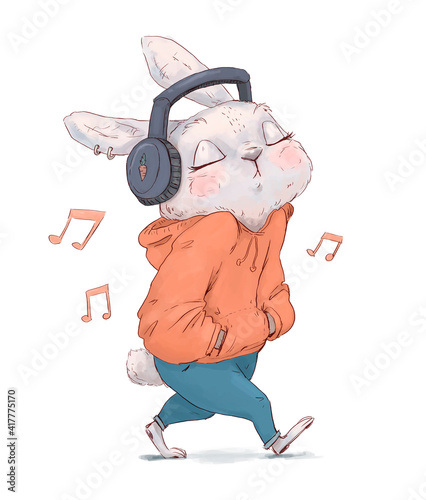 Cutte cartoon bunny walking and listening music