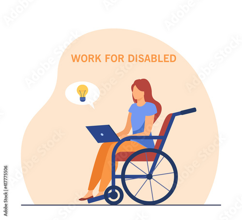 Disabled woman working on laptop. Wheelchair, idea, computer flat vector illustration. Freelance and disability concept for banner, website design or landing web page