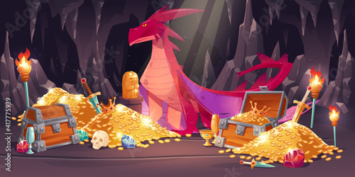 Cave with red dragon and treasure, piles of gold coins, jewelry and gem. Vector cartoon illustration of fairytale treasury with wooden chests, gemstones and magic beast with wings