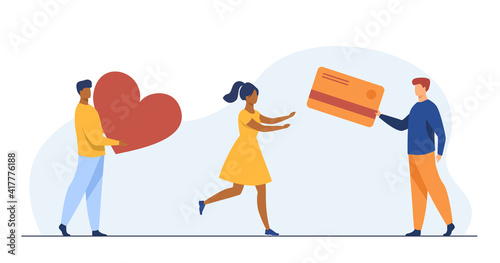 Woman choosing money instead of love. Card, heart, wealth flat vector illustration. Relationship and happiness concept for banner, website design or landing web page