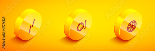 Set Isometric Windscreen wiper, Tire pressure gauge and Alloy wheel icon. Vector.