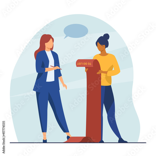Successful businesswomen checking to do list. Manager, goal, target flat vector illustration. Achievement and success concept for banner, website design or landing web page