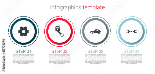 Set Gear, Engine piston, Broken car and Wrench spanner. Business infographic template. Vector.