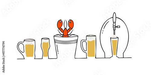 Beer mugs and glasses, a crayfish bucket and a barrel for cooling and pouring beer are lined up and drawn with a continuous line.