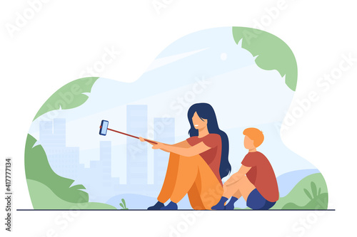 Happy woman taking selfie with little boy. Stick, park, leisure flat vector illustration. Nature and weekend concept for banner, website design or landing web page