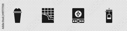 Set Milkshake, Chocolate bar, Electronic coffee scales and French press icon. Vector.
