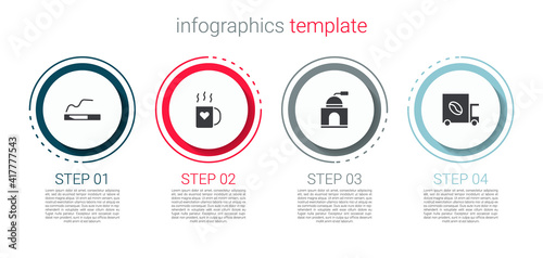 Set Cigarette, Coffee cup and heart, Manual coffee grinder and street truck machine. Business infographic template. Vector.